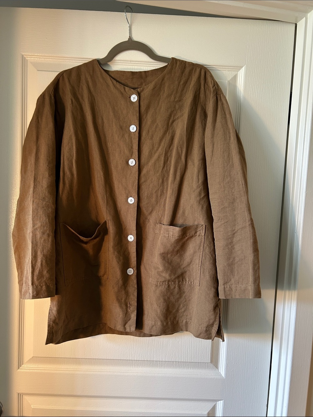 Brown Linen Button-Front Women's Jacket by Vikolino